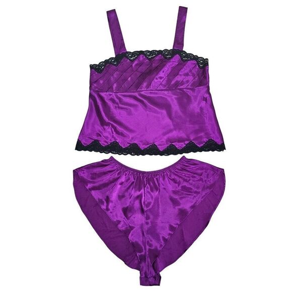 Vintage Victoria's Secret Satin Lace 2 Piece Pajama Shorts Cami Set M Gold Label - Picture 1 of 11